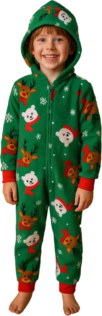 Labels X-Mas Jumpsuit met capuchon voor jongens en meisjes, rendier en ijsbeer, overall kinderen, lange mouwen, groen