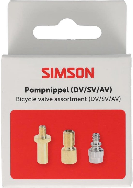 Simson doos met "Pompnipels (DV/SV/AV)" en afbeelding van drie ventieladapters.