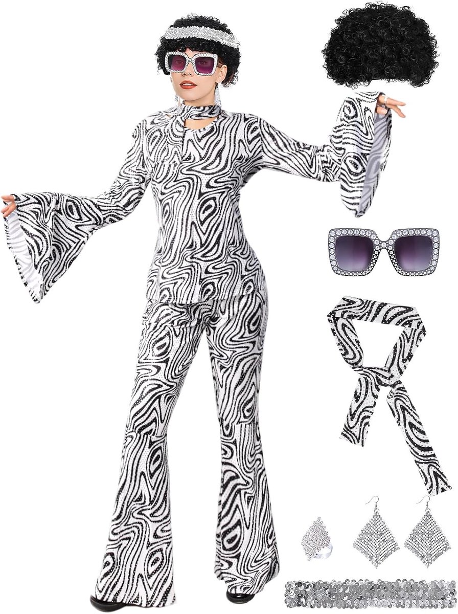 outfit voor dames, elastische 8-delige retroset met glitter, jaren 70 disco-outfit voor feestjes, carnaval en kostuumfeesten