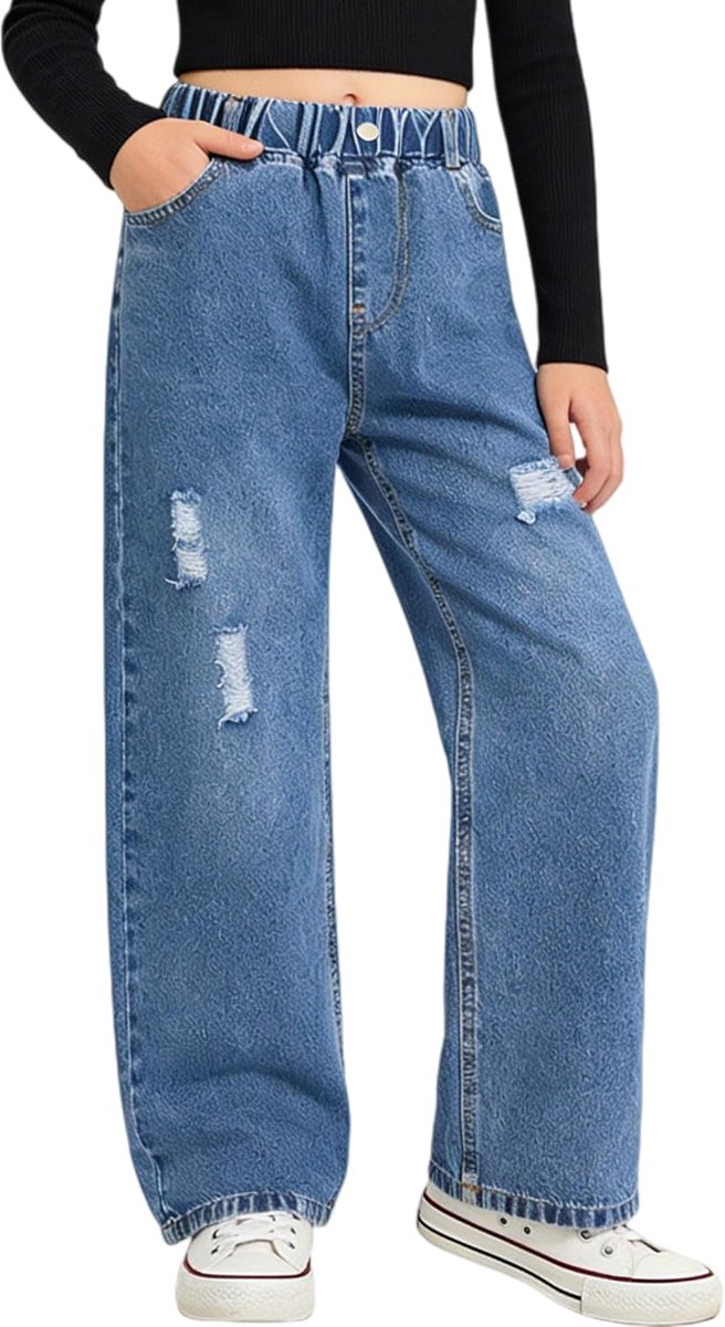 Jeans voor meisjes met losse elastische denim tailleband, blauwe spijkerbroek met modieuze scheuren
