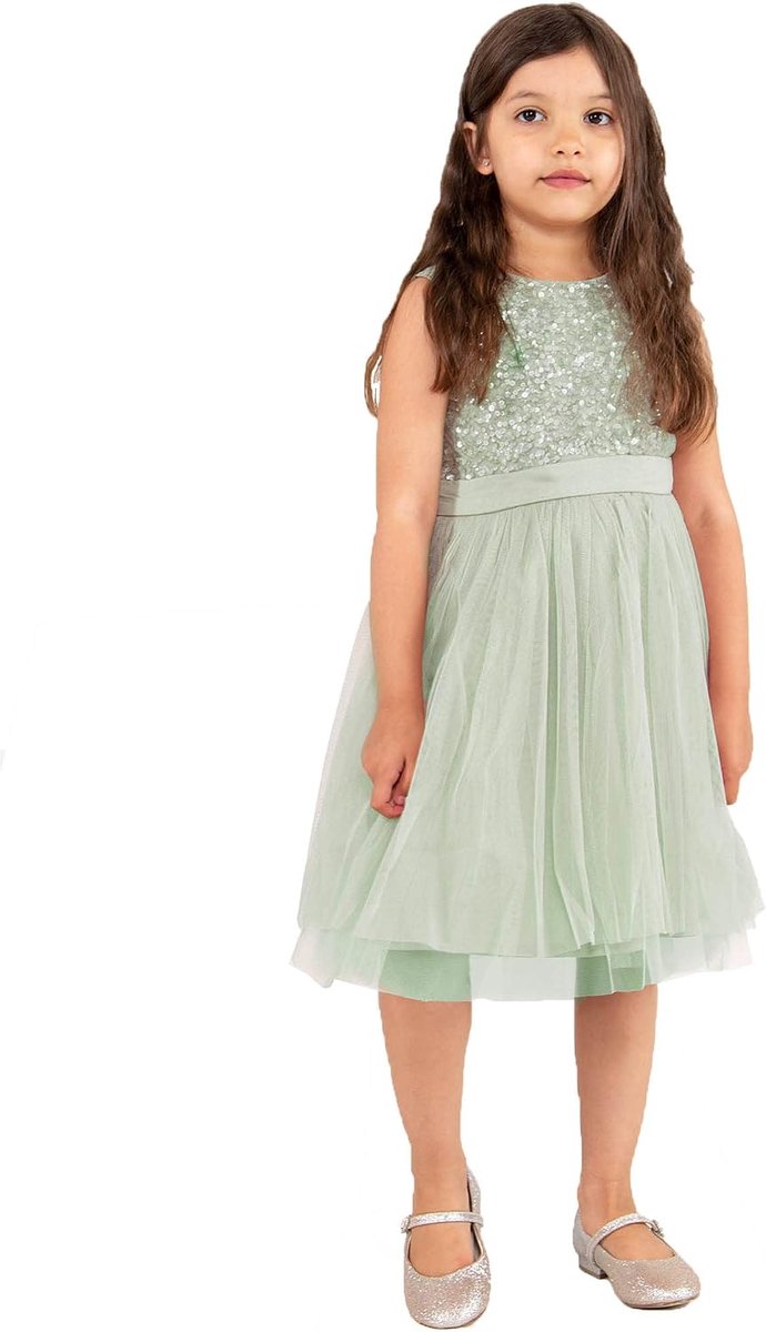 Deluxe Midi-jurk voor meisjes, pailletten, feestjurk, tutu, bruidsmeisjes, bruiloft, met ceintuur, Groene Lelie, 5-6 jaar