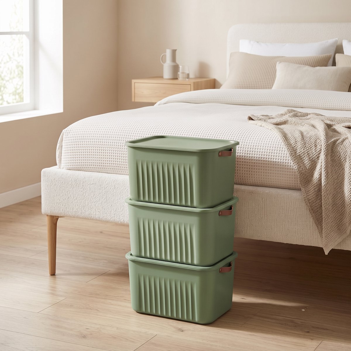 INDECOR-Opbergbox 15 Liter Set van 3 met Deksel – BPA-vrije Stapelbare Opbergdozen met Handgrepen – Opbergmanden voor Kleding, Speelgoed en Accessoires – Groen