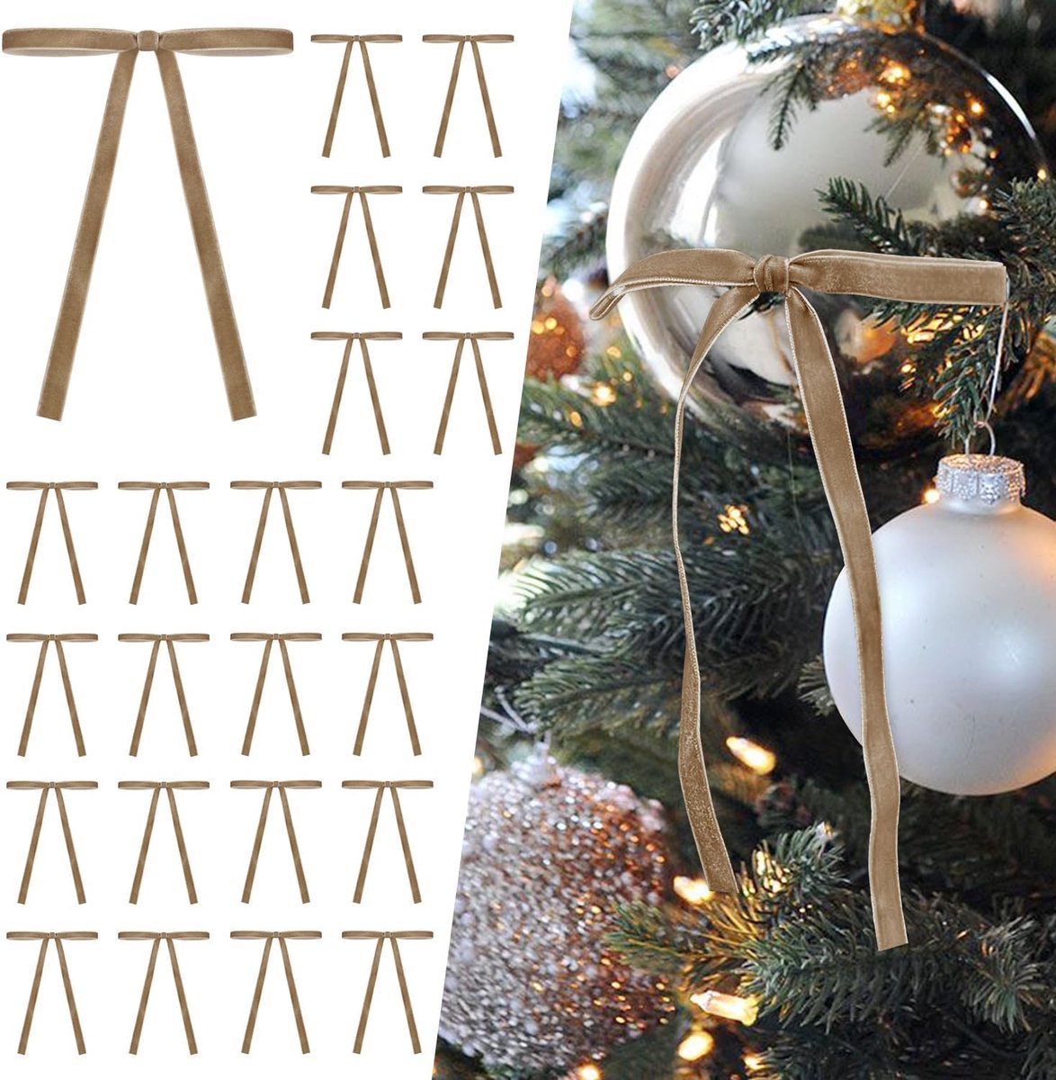 Strikken, 24 stuks strikken voor kerstboom, fluweel, 12,7 x 17,8 cm, kerststrikken, decoratie voor veranda's, trappen, ramen (kaki)