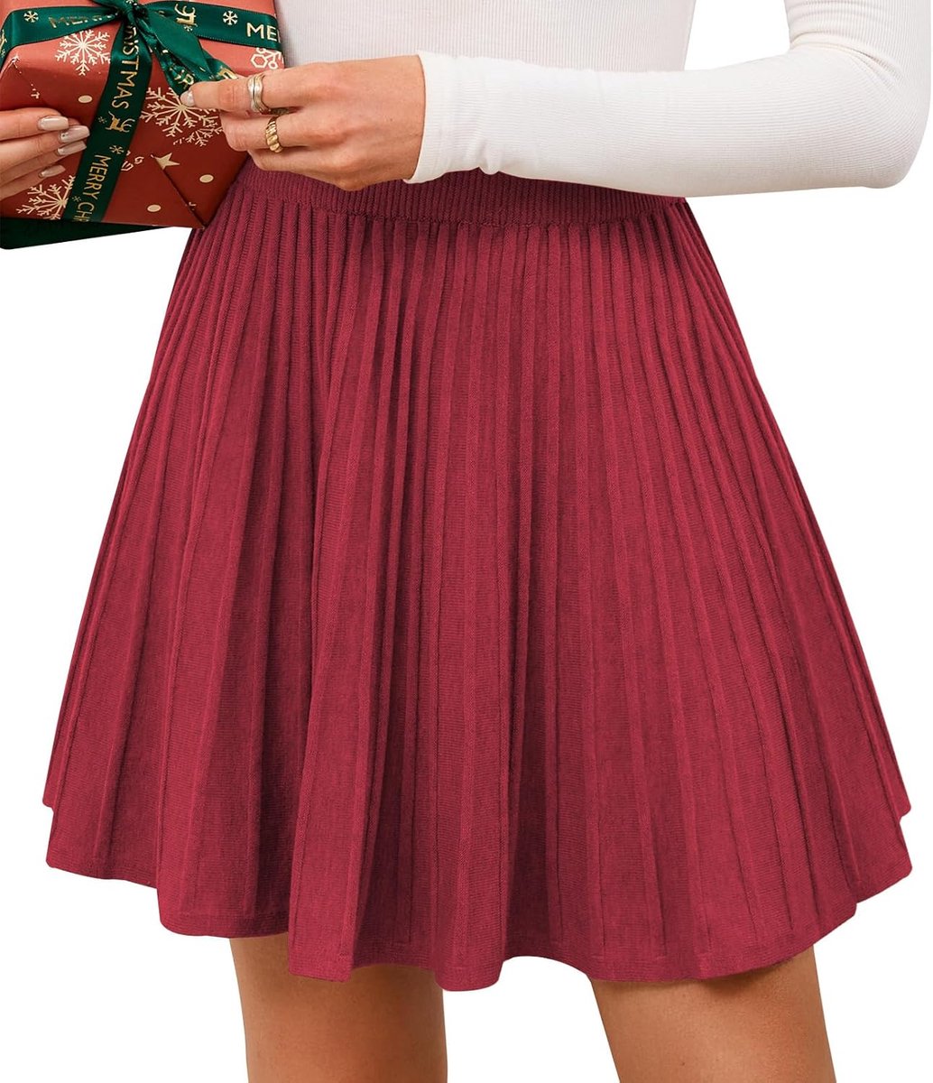 Damesrok, minirok, elastisch, hoge taille, gebreid, plissé, winterrok