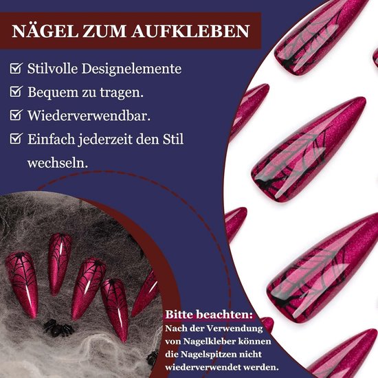 Nagels om op te plakken, 24 stuks Cat Eye press-on nagels, Halloween, donkerrood, spinnenweb, lange vingernagels om op te plakken, volledige cover, kunstnagels, rozerood, kunstnagels, nail art — afbeelding 2