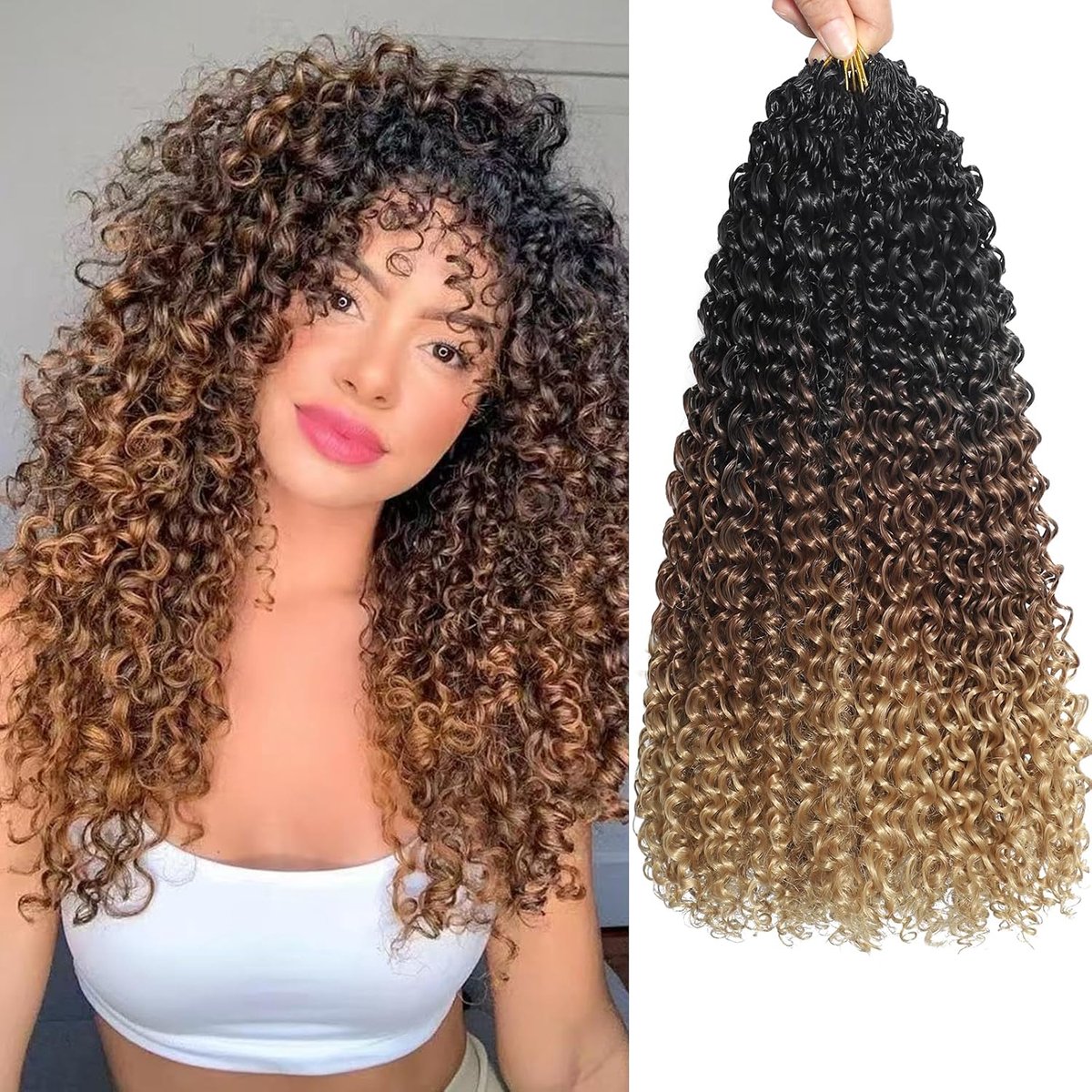 8 verpakkingen micro kinky krullend gehaakt haar voorgelopt twist krullend gehaakt haar synthetisch losse golvende haarextensies voor vrouwen (T1B/30/27, 40,6 cm)