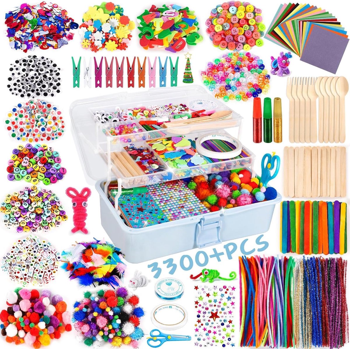3300+ stuks knutselsets voor kinderen, knutselmateriaal in knutselkoffer, doe-het-zelf knutselaccessoires, knutselbenodigdheden, materiaalset, knutselcadeau voor verjaardag, Kerstmis vanaf 3