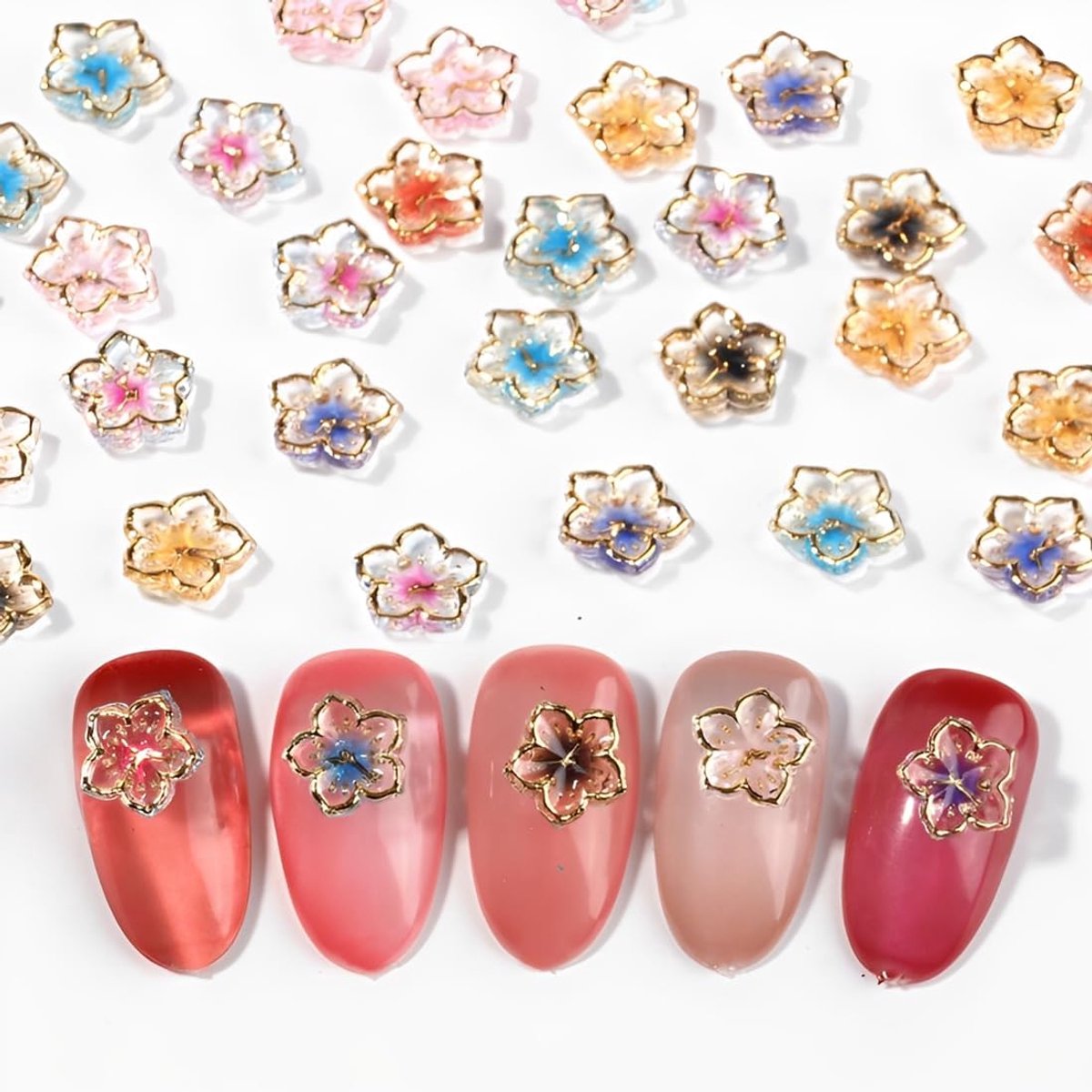 50 stuks 3D Hawaïbloemen nagelkunst bedels, hibiscus bloemen, nagelkristallen, nageledelstenen, nageldiamanten, zomer nagelsieraden, kleine bloemen (kleurrijk)