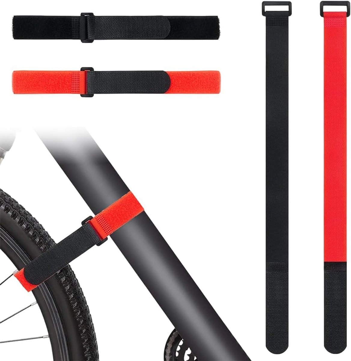 4 bevestigingsriemen voor fiets, 2,5 x 60 cm, verstelbaar, met antislip gel, voor vervoer van auto's en wandmontage, zwart en rood