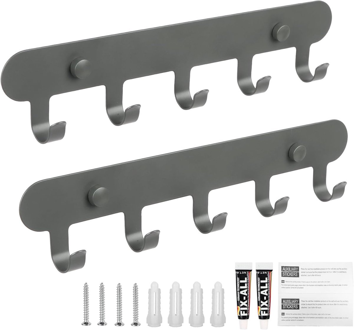 Set van 2 kledinghaken, wandgarderobe, Gunmetal Grey – robuuste metalen stang met 5 haken voor hoeden, badjassen, tassen en mantels, roestvrij, antislip