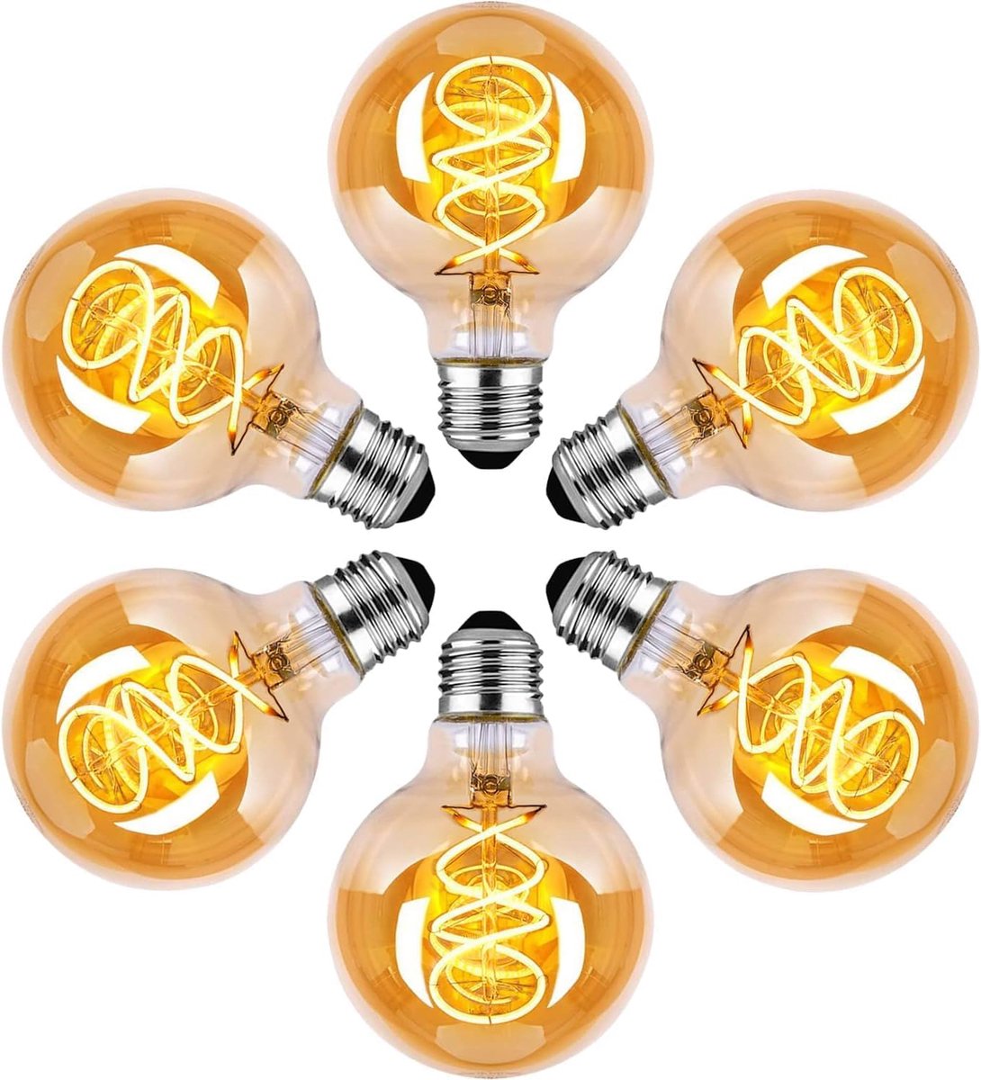 Vintage Gloeilamp E27, Dimbare Vintage Gloeilamp E27 4W (40W equivalent) G80 Retro gloeilamp LED-lamp Warm Licht 2700K - Amber, 6-Pack