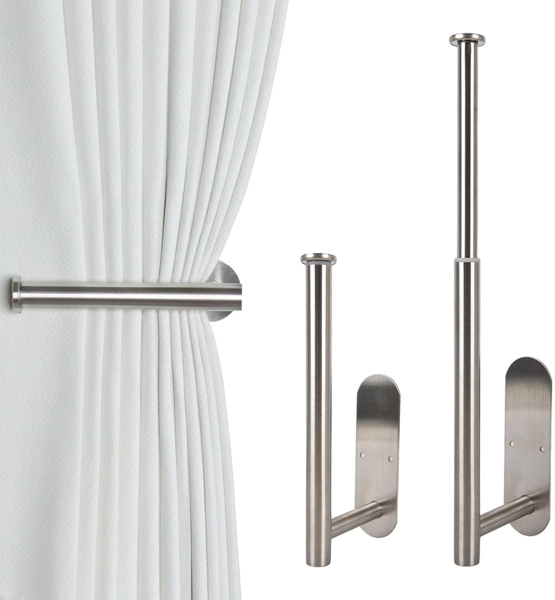 4-delige Set Zelfklevende Gordijn- en Handdoekhouders - Zonder Boren - Verstelbaar - Voor Gordijnen, Badkamer en Keuken - Gepolijst Zilver - 22-38 cm
