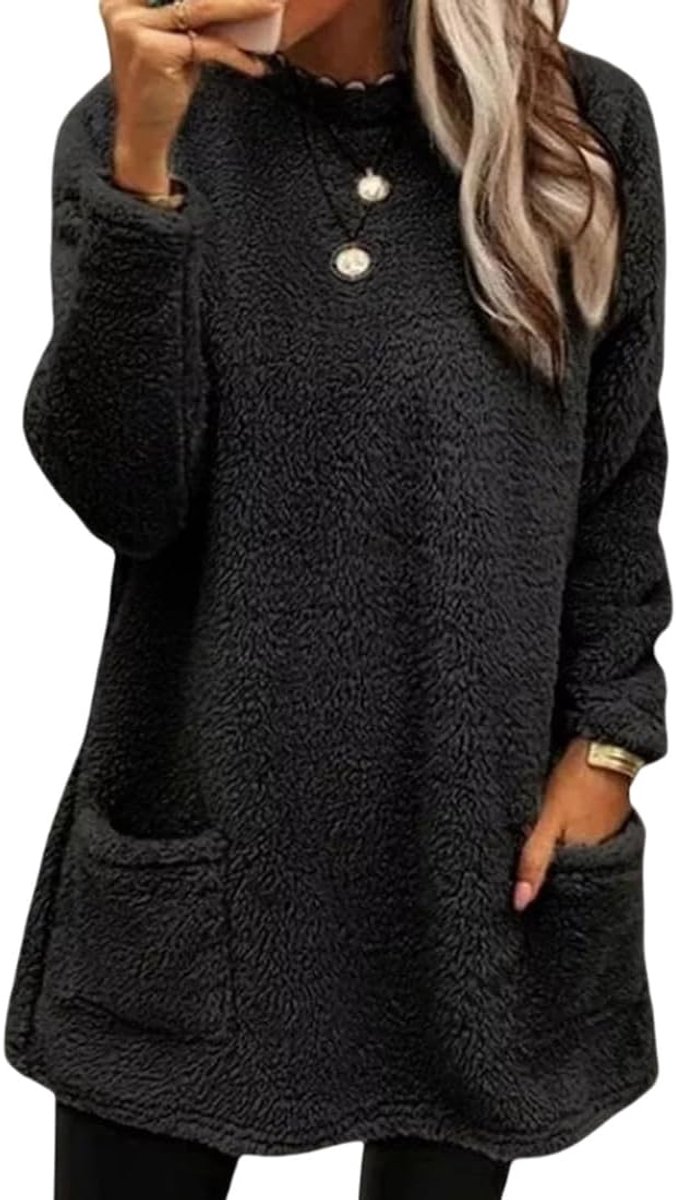 fleece, ruimvallend, effen, lange mouwen, met zakken, sweatshirt voor dames, oversized, lange mouwen, herfst, casual, ronde kraag, zonder capuchon