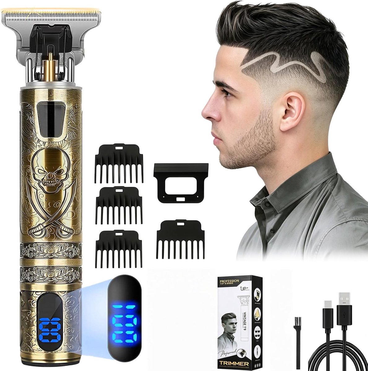 Tondeuse voor Mannen, Elektrisch Scheerapparaat Baard, Draadloze Haartondeuse voor Haren Knippen, baardtrimmer met led-display, professionele haartrimmer, 4 opzetstukken (1,5-4 mm) (Haidao)