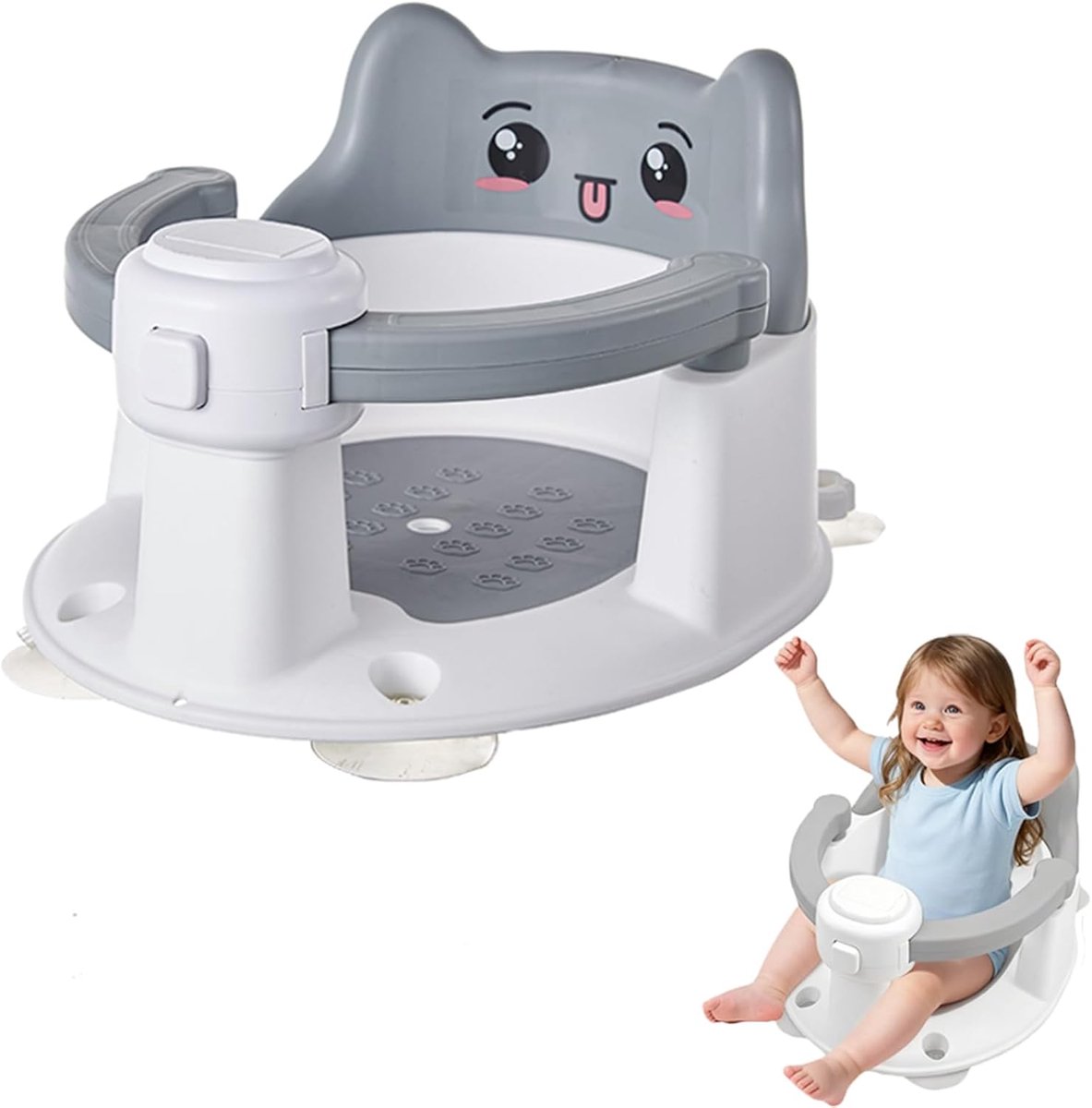 Babybadstoel, grijs-wit olifantendesign, badondersteuning voor peuters, antislip ligbed met veiligheidshouder