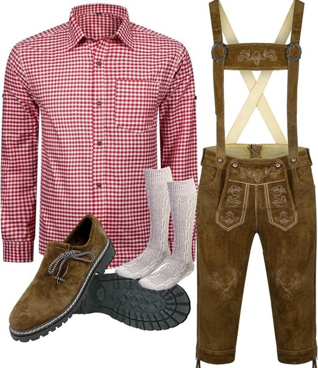 Heren klederdrachtset voor Oktoberfest (broek, hemd, schoenen, sokken) - Beierse lederhose en accessoires