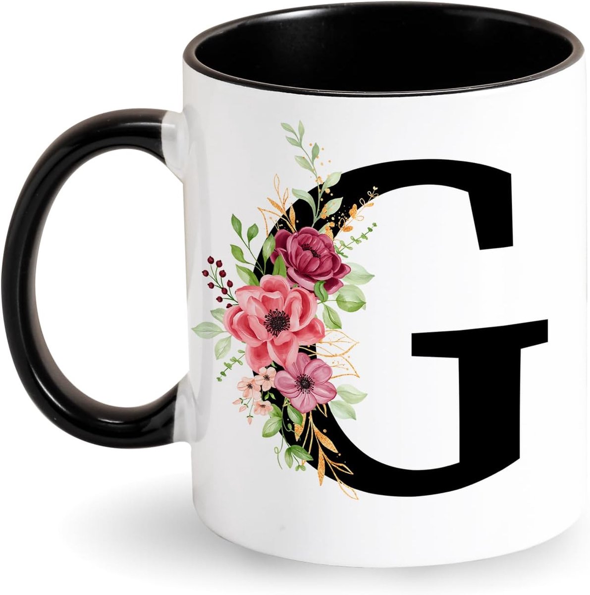 Gepersonaliseerde mok met initiaal, koffiemok, mok met letterbloemen, keramische mok met alfabet, zwarte mok, initiaal, cadeaus voor vrouwen, vrienden, moeder, cadeaus voor verjaardag (G)