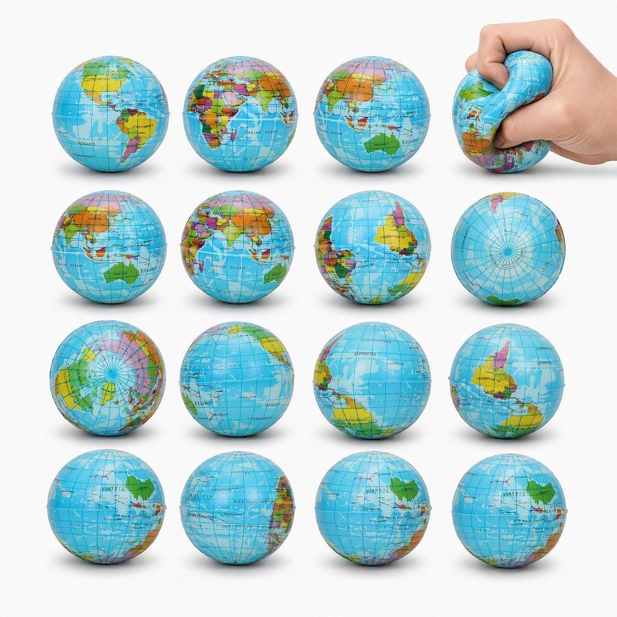 15 stuks stressballen, wereldbol, 6 cm, antistressbal met wereldkaart, schuimrubberen ballen, anti-stress voor kinderen en volwassenen, feestcadeautje voor verjaardag, Kerstmis, stressvermindering