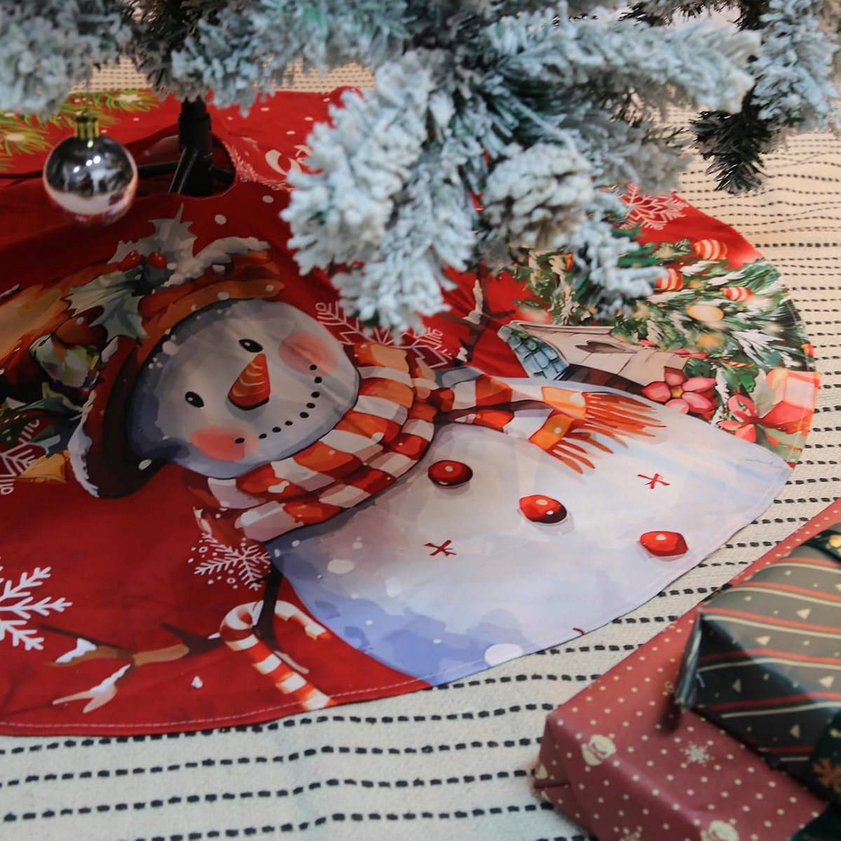 rood, groot tapijt, rond, sneeuwvlok, sneeuwpop, kerstboomstandaard, afdekking, kerstdecoratie, kerstboomdeken, dennenboom onderlegger, 120 cm