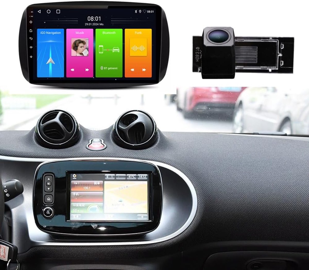9'' GPS Navigatie Navigatie Navigator Autoradio met CarPlay & Android+Achteruitrijcamera Parkeersysteem Compatibel met Smart Fortwo Forfour Cabrio Cabrio Coupe 451 453 (Navigator D+Camera 8379)