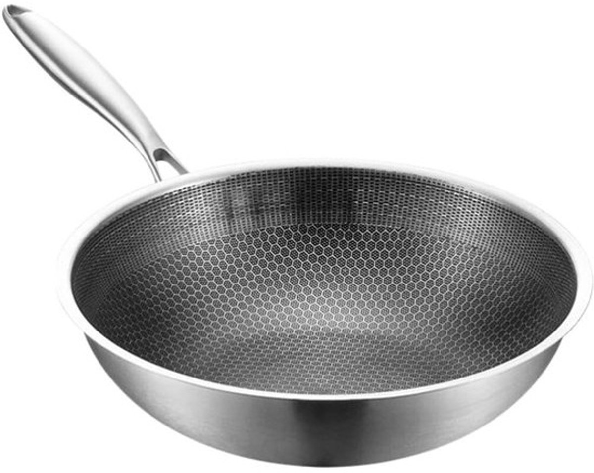 Roestvrij Staal Wokpan - Roerbakpan Grillwok - Snel Groenten Wokken - Antiaanbak Slijtvast - 32 cm Diameter - Zilverkleurig
