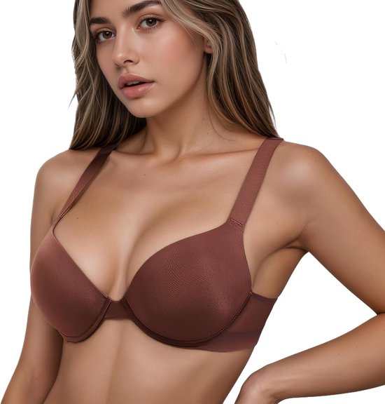 Push-up beha voor dames, met draad en plunge-hals, ademende katoenen inzetstukken, chocoladebruin, comfortabele beha met middensteun en push-up-effect — afbeelding 2