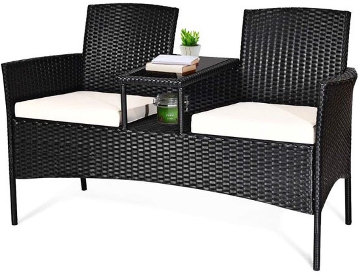 Polyrattan Tuinbank - Loungeset Bank - Buiten Zitten - Inclusief Tafel Kussens - 138x61x85 cm - Beige