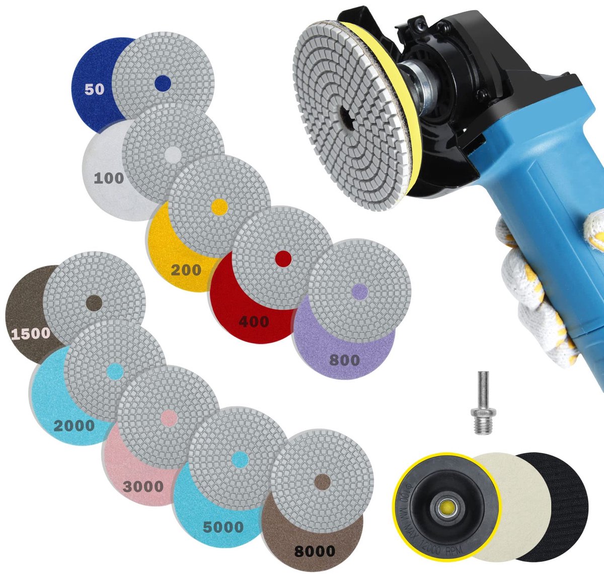 Diamant Natte Polijstschijven Set - 14 stuks - 100 mm - Korrel 50-8000 - Voor Marmer, Graniet, Steen, Beton en Tegels