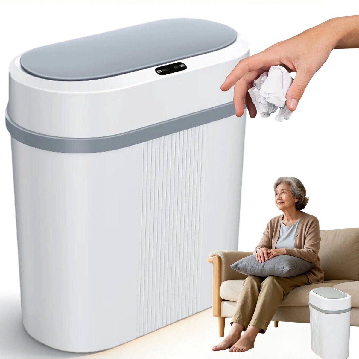 Slimme Prullenbak met Sensor - Vuilnisbak - Contactloze Afvalbak - 12L - Slank Ontwerp - Luchtdicht Geurvrij - Valbestendigheid - 27x15x31,5 cm - Voor Badkamer & Slaapkamer & Keuken - Wit