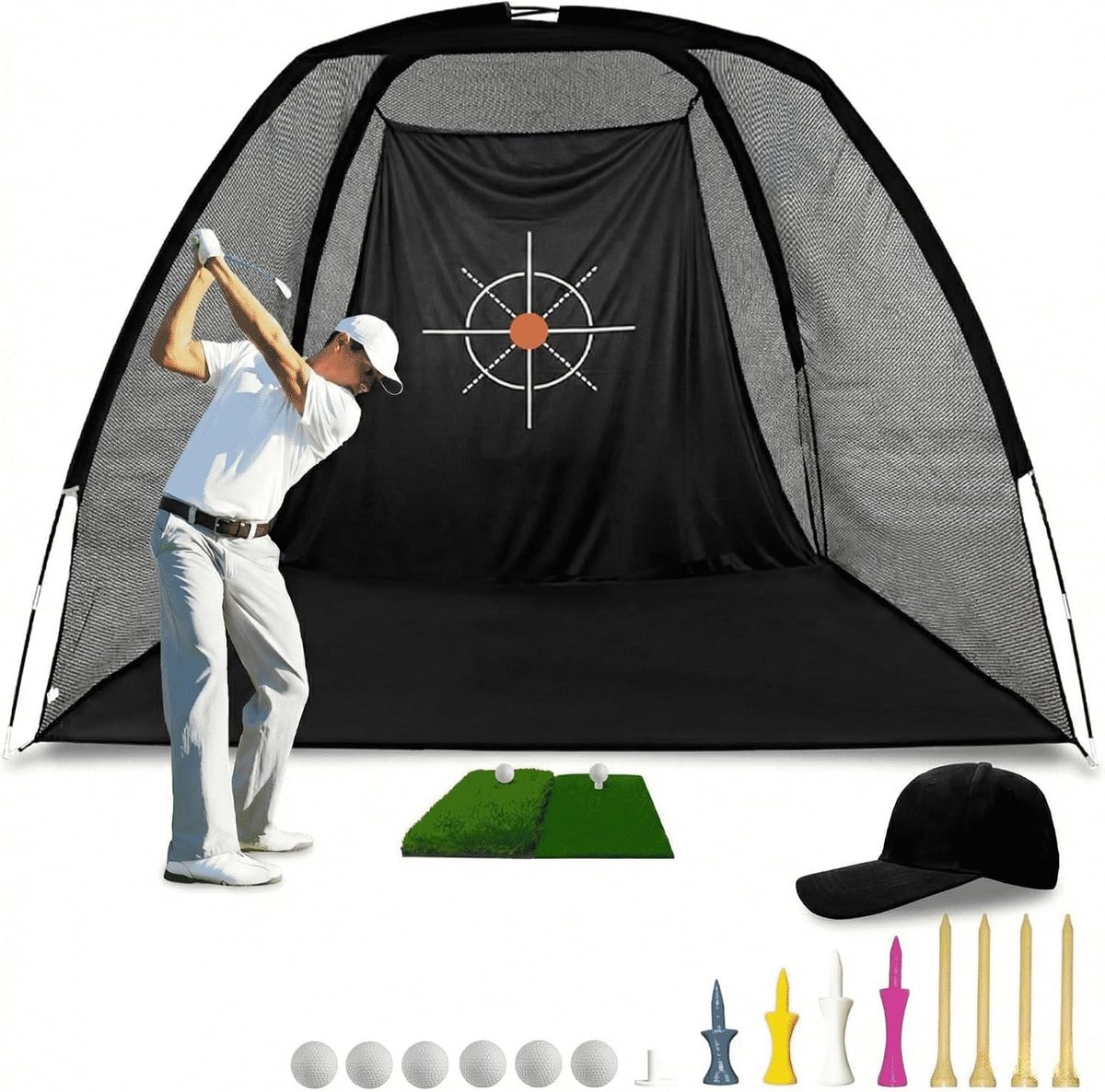 Golfnet, trainingsnet met afslagmat en golfbal, indoor/outdoor, golftraining voor tuin en hal