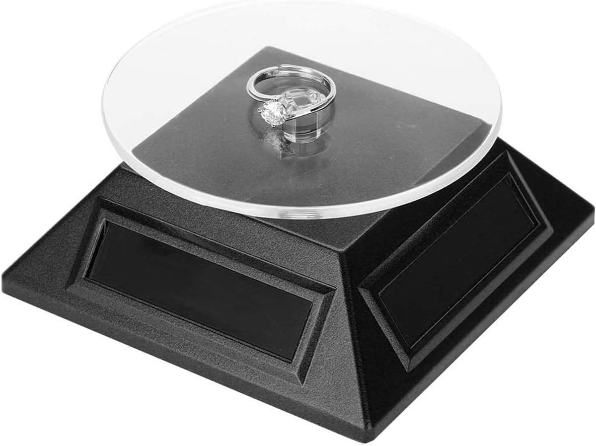 Draaitafel op zonne-energie, display standaard, op zonne-energie of batterij (niet inbegrepen), 360° draaischijf, roterende standaard, klok, telefoon sieraden, organizer, display standaard, zwart