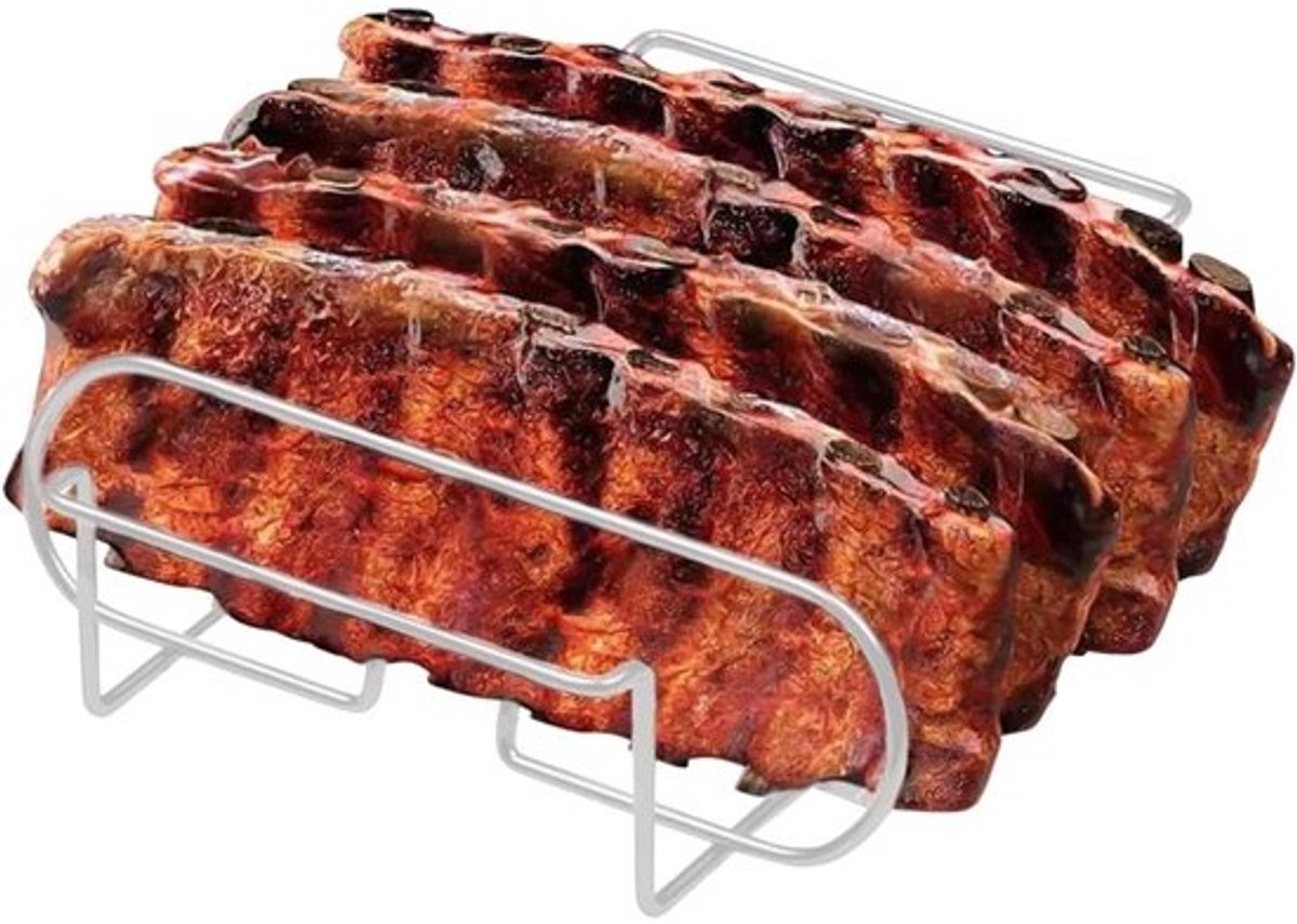 Grill Ribrek - Barbecue Rek - Vlees Grillen - Vaatwasserbestendig - 8 x 27 x 8 cm - Zilver