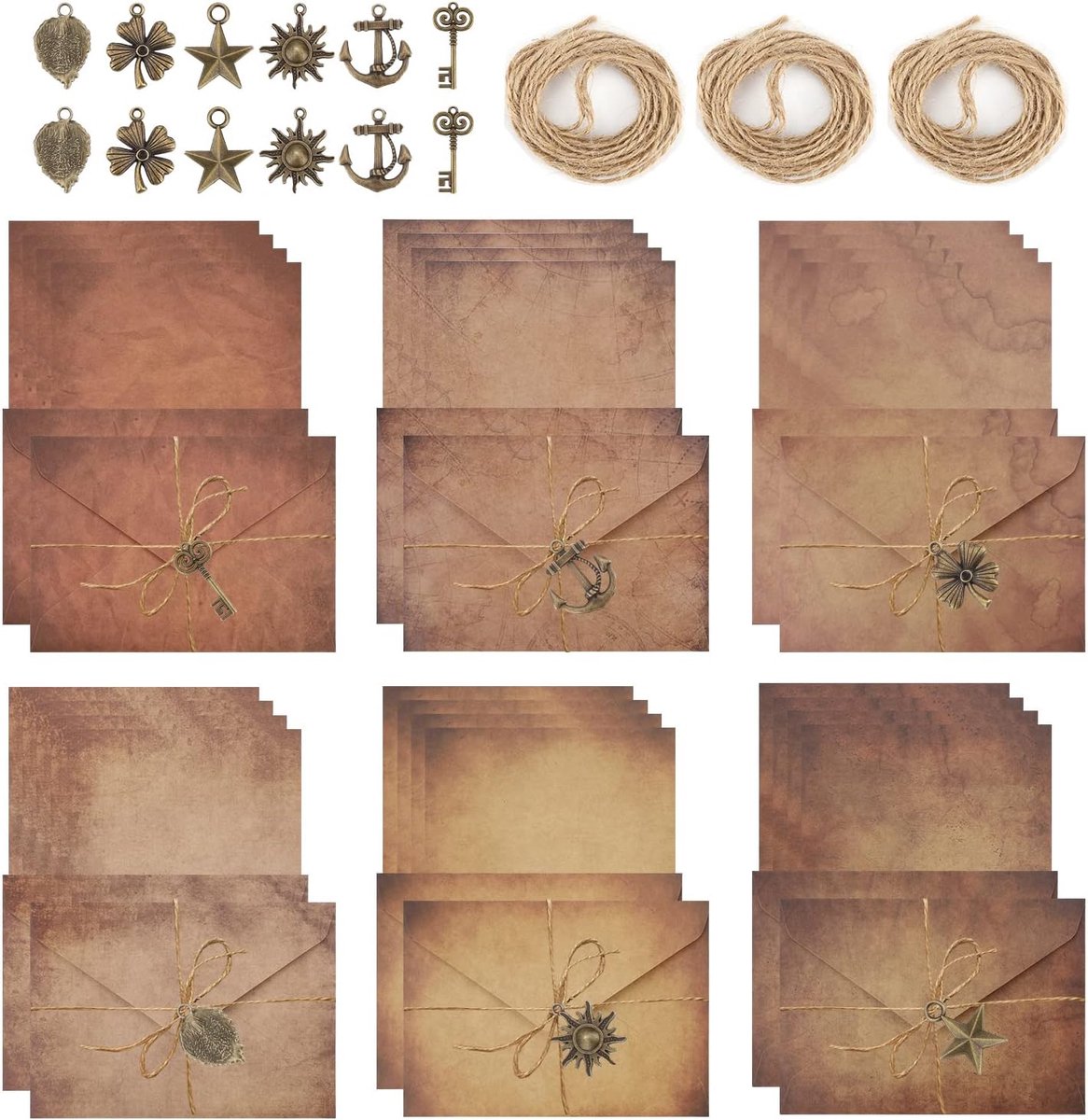 Dailygoods- Enveloppen Vintage Set - 60 Stuks - Briefpapier A5 - Antiek Kraftpapier - Retro Enveloppen - Metalen Hangers - Jute Touw