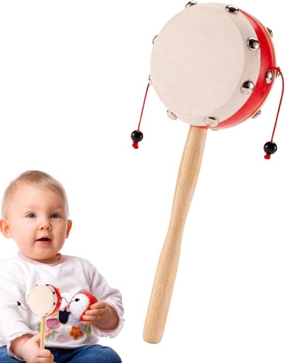Houten Trommel Rammelaar - Kinderinstrument Percussie - Baby Ontwikkeling - Draaibare Handgreep - ca. 20 cm - Houtkleur