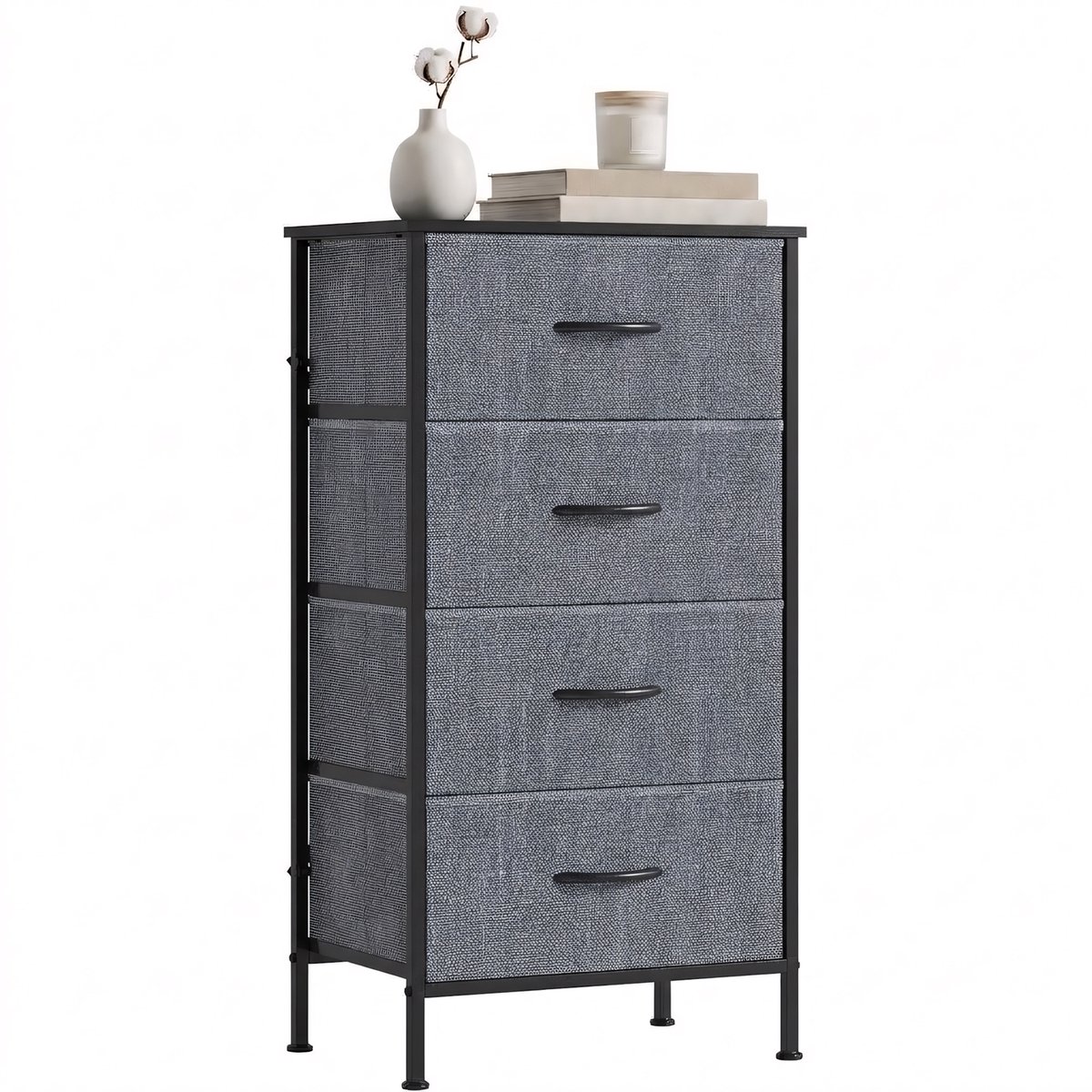 Smalle ladekast met 4 stoffen lades - Donkergrijs/zwart - Metalen frame en MDF blad - Voor slaapkamer en hal - Verstelbare voetjes - 45 x 30 x 91 cm