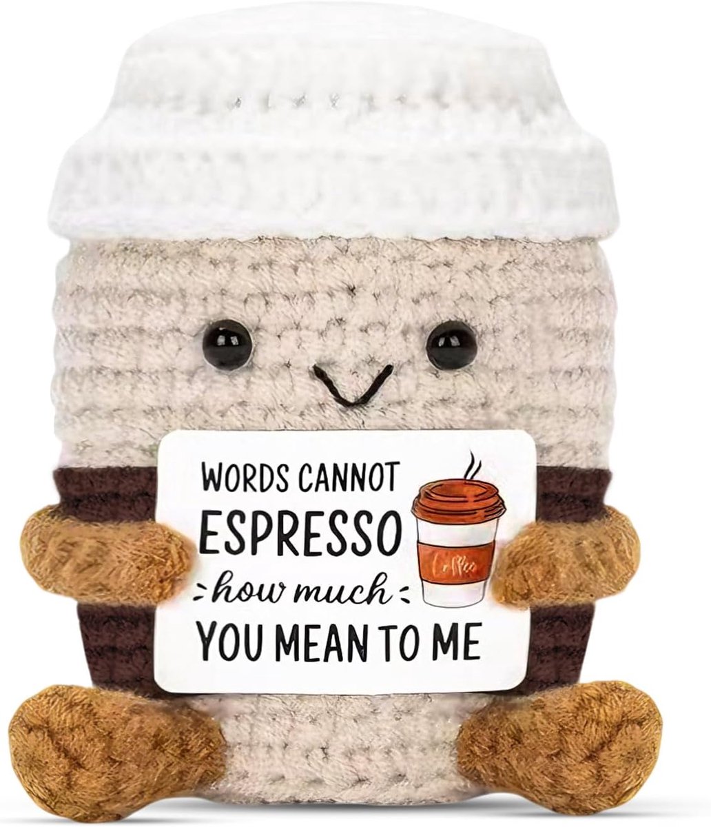 Hug Positieve Koffie, Handgehaakt, Emotionele Ondersteuning, Knuffel als geluksbrenger, positief cadeau voor familie, vrienden en koffieliefhebbers