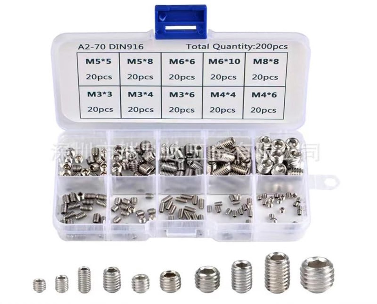 200 stuks roestvrijstalen draadinzetstukkenset, zelftappende draadinzetstukken M3-M8 assortimentset zeskantmoeren schroevenset, zilver