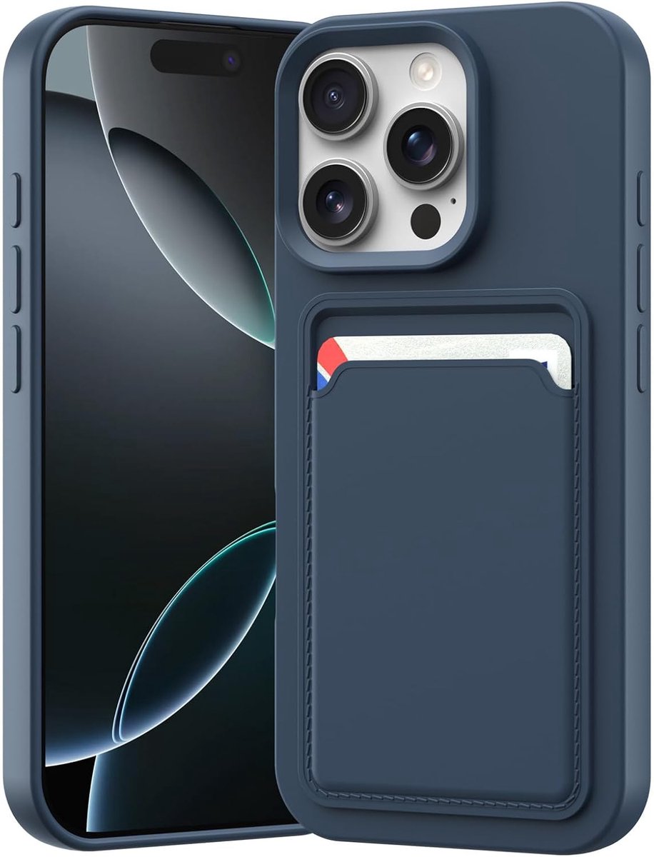 Beschermhoesje voor iPhone 16 Pro 6,3 inch met kaarthouder, geïntegreerde schokbestendige TPU-siliconen beschermhoes, beschermhoes met kaartsleuven, matte afwerking, blauw