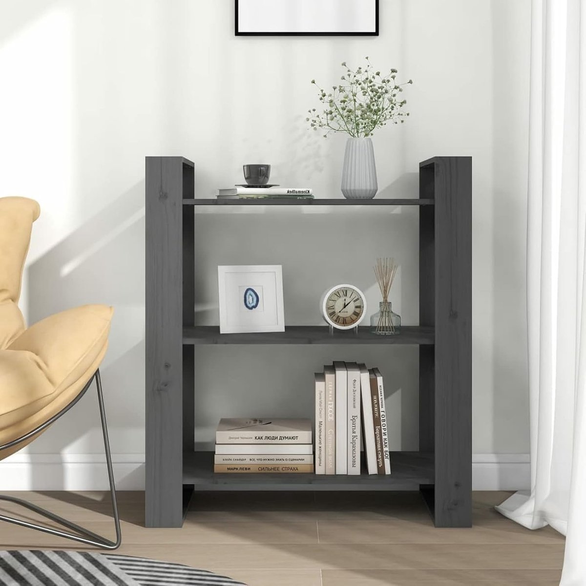 Boekenrek/scheidingswand grijs, boekenkast, cd-kast, cd-rek, ruimtebesparend, rek voor woonkamer, 80 x 35 x 91 cm, van massief grenenhout