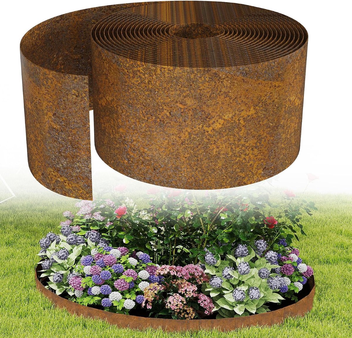 Gazonrand, metalen bloembed-set, 15 cm hoog, 5 m lang, tuinomranding, bloembedrand, flexibele bloembedbegrenzing voor tuin, bloembedden, tuinpaden, rechte vorm, roestkleur