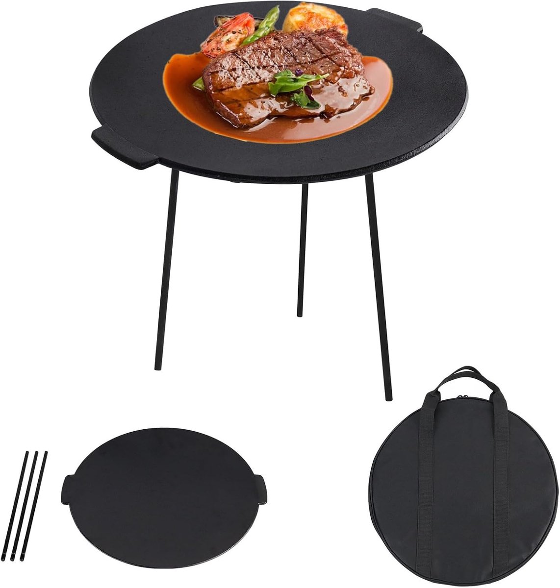 Gietijzeren grillpan Ø 45 cm, ronde grillplaat met 3 poten, gebrand voor perfect braden, statief voor Nederlandse oven, incl. beschermhoes