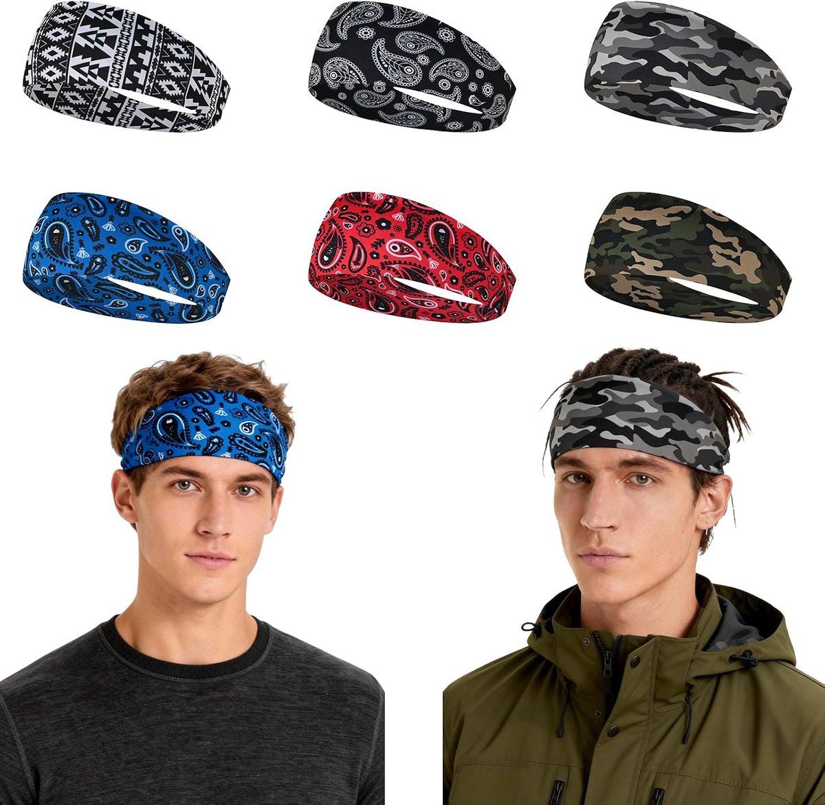 6 stuks sporthoofdbanden, hoofdband voor dames en heren, zweetband voor voorhoofd, zweetabsorberende hoofdband, hoofdband voor workout, yoga, hardlopen, fietsen, basketbal