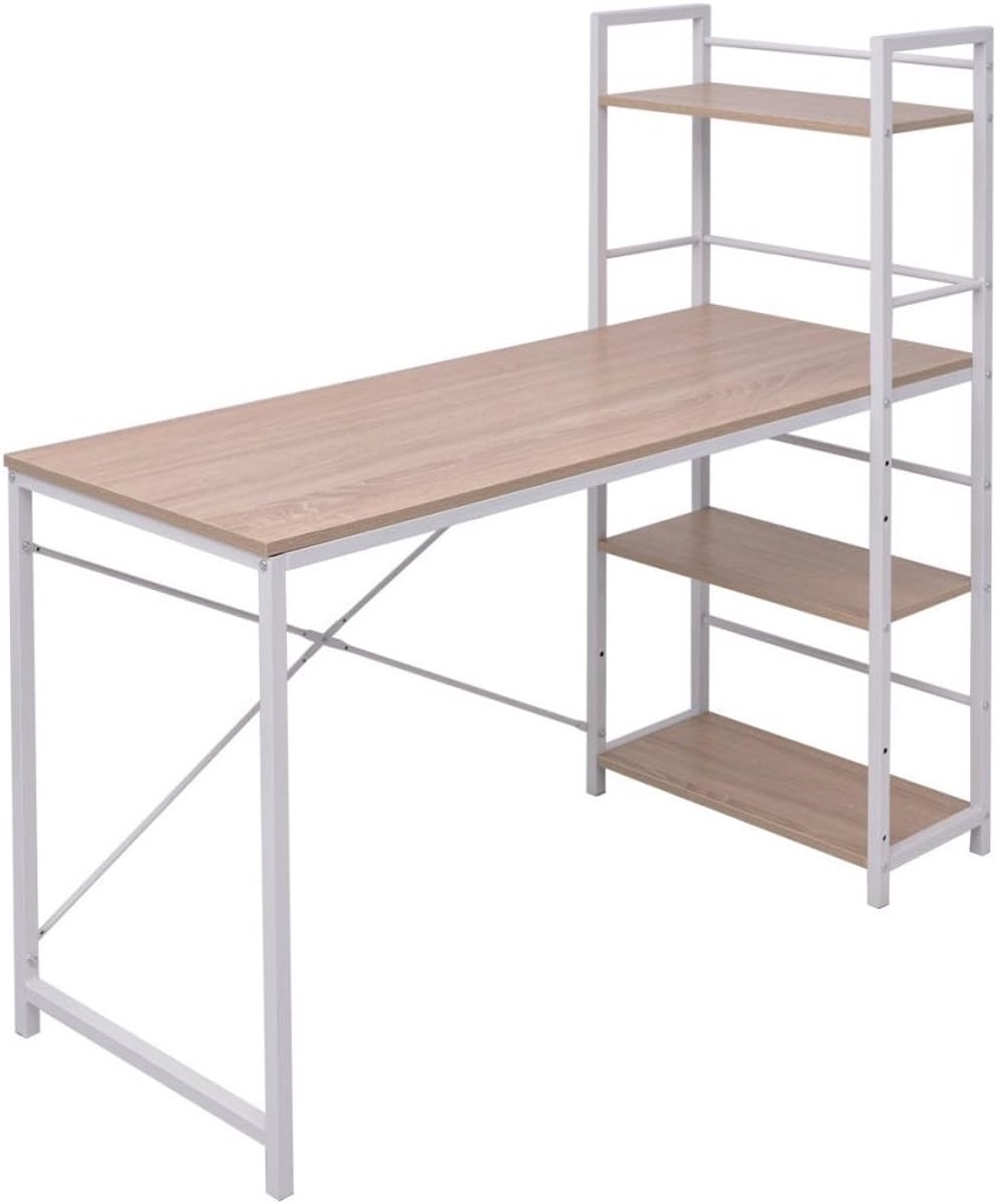 Bureau, werktafel, computertafel, 120 x 52 x 120 cm, bureau met boekenkast met 4 legplanken, eikenkleur voor werkkamer en kinderkamer