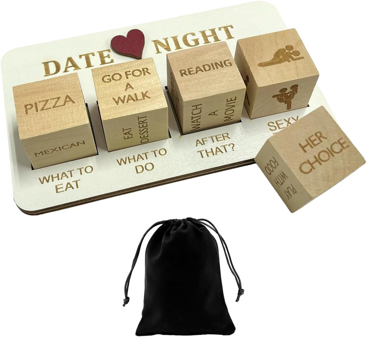Set: bevat 4 geruite hartvormige bases, 5 houten kubussen en een zwarte opbergtas. Perfect voor reizen, jubileumgeschenken, aandenken voor geliefden en partners.
