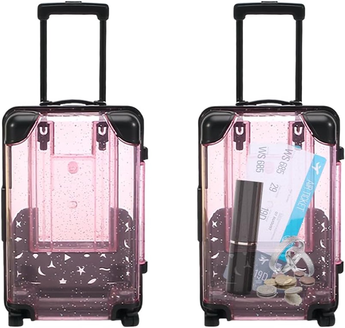 2 Stuks Mini Koffer Spaarpot Telefoonstandaard Kleine Opbergdoos Reis Koffer Vorm Geldbox Muntenbox Bureaublad Organizer Voor Munten Briefgeld Kaarten en Kleine Accessoires (Roze)
