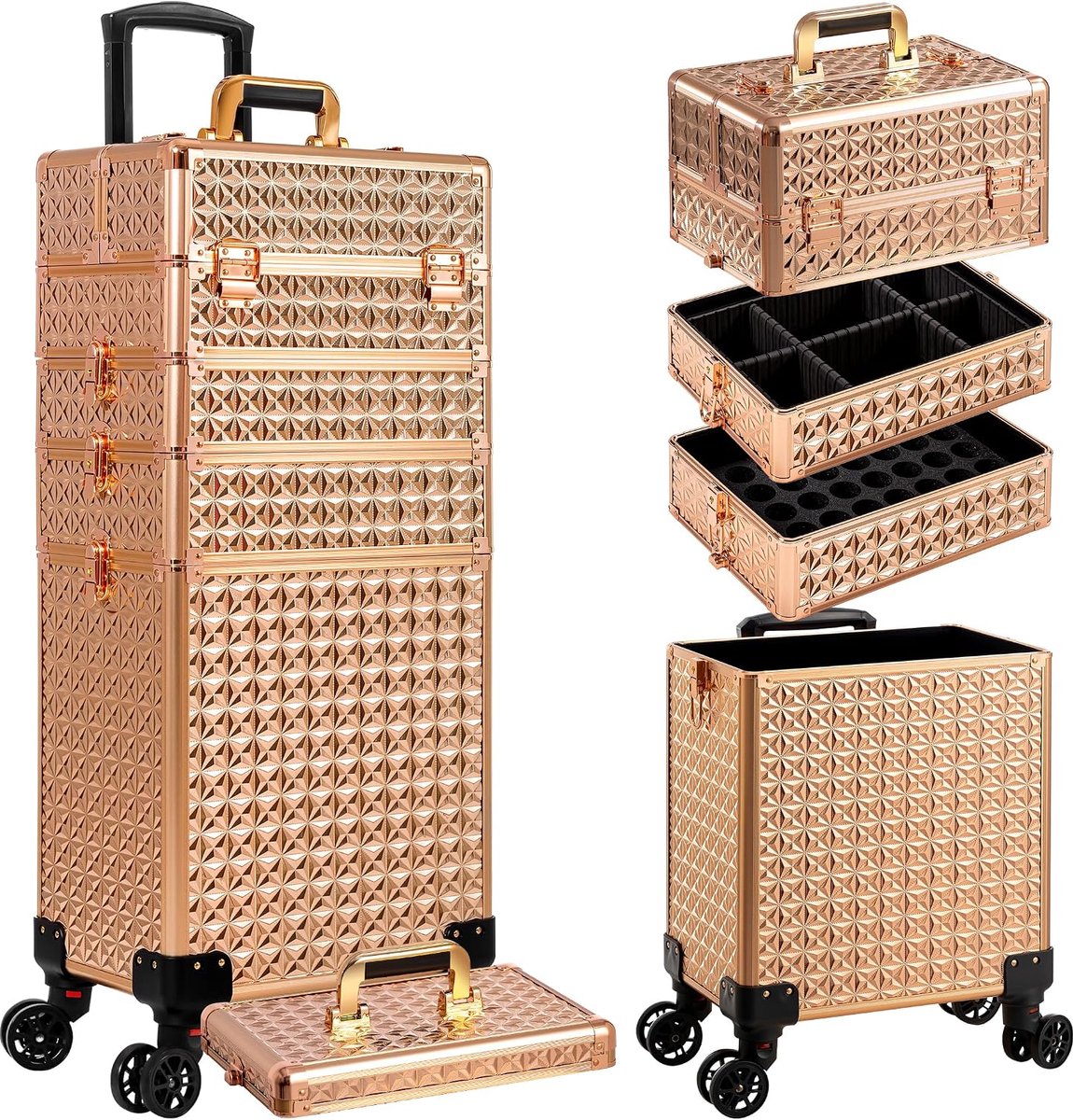 5-in-1 Grote Ijdelheidskoffer voor Vrouwen Make-up Beauty Trolley op Wielen Professionele Grote Make-up Organizer Rolkoffer Nageltechnicus Koffer met Sloten (Goud)