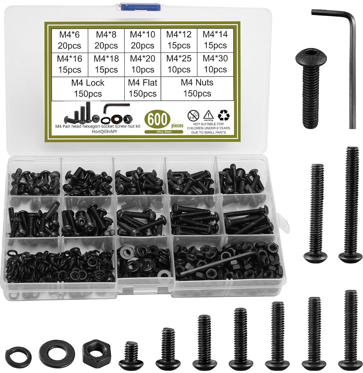 600 stuks M4 Schroefset met Inbusschroeven, Lenskop Schroeven, Moeren, Sluitringen en Minuten Sleutel voor Meubels, Fietsen en Houtwerk - Compleet Assortiment Machineschroeven (M4 600PCS)
