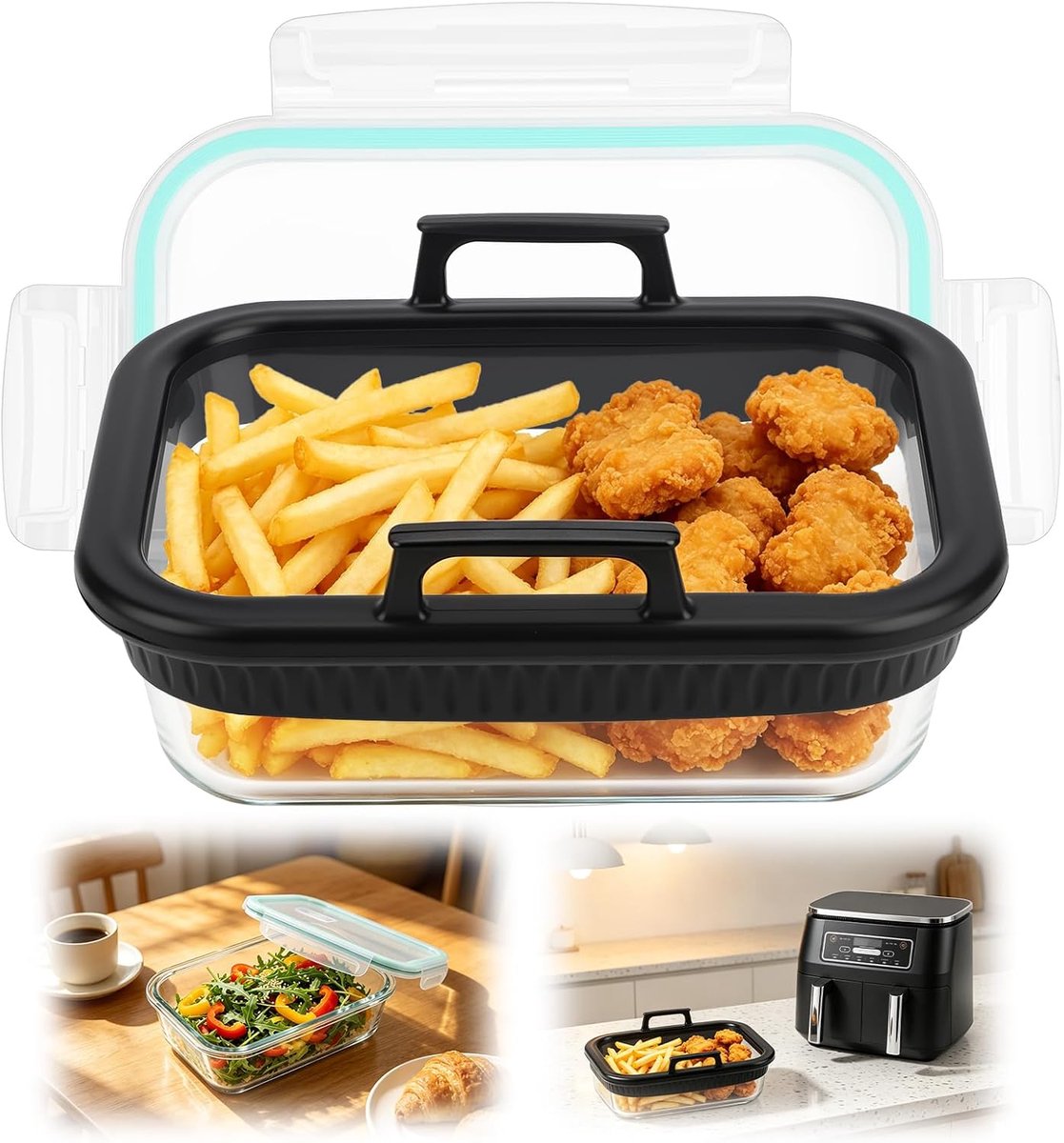 Ovenschaal van glas, ovenschaal van transparant glas met deksel, handgrepen en afneembare siliconen ring voor heteluchtfriteuse, AF400EU/AF500EU/SL400EU/COSORI 2 slaapkamers (één vakje)