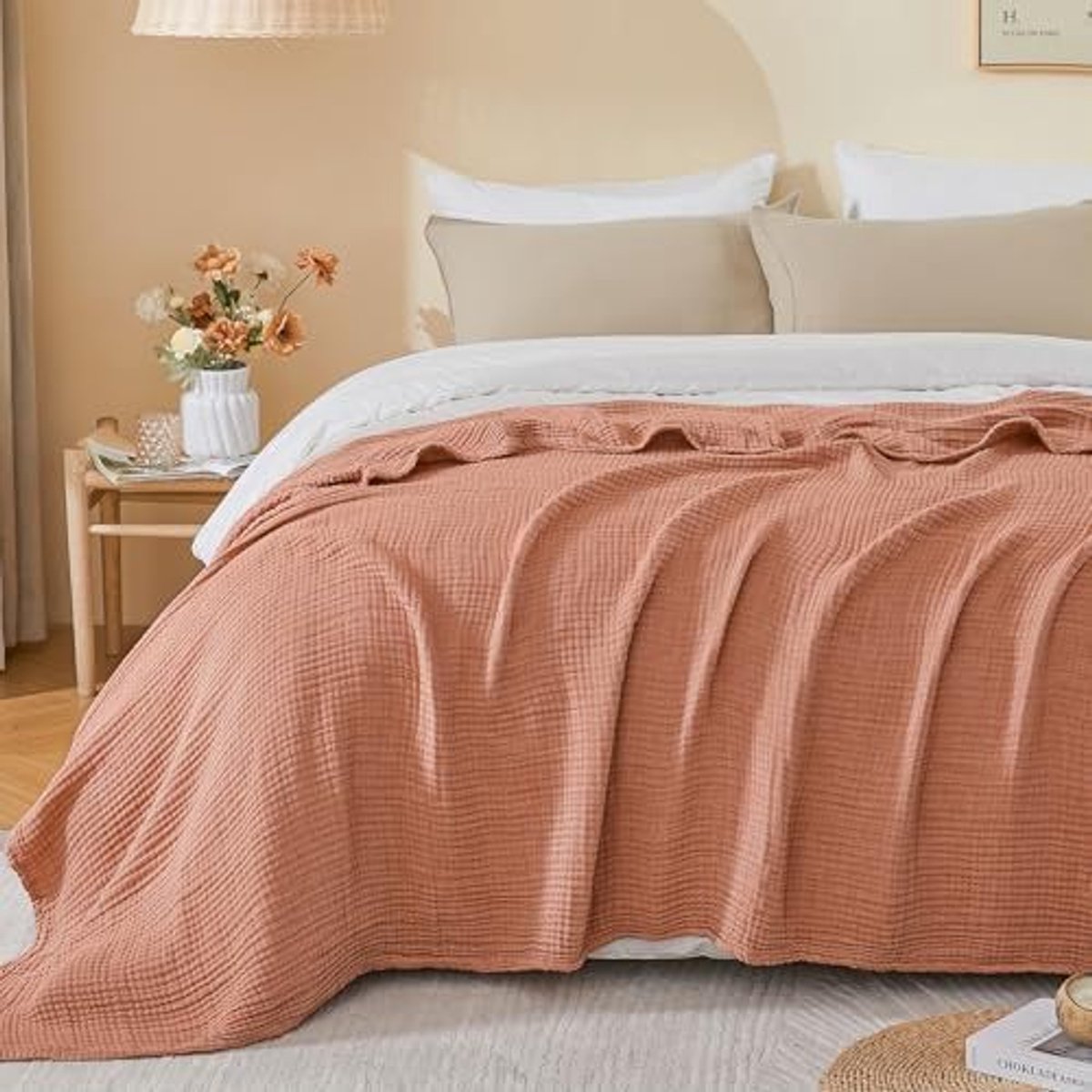 Deken 150 x 200 cm, Muslinedek voor Volwassenen, Zomer, Zachte & Ademende Katoenen Deken, Knuffeldeken van Katoen, Lichte Sprei voor Bed, Sofa en Bank (Rood)