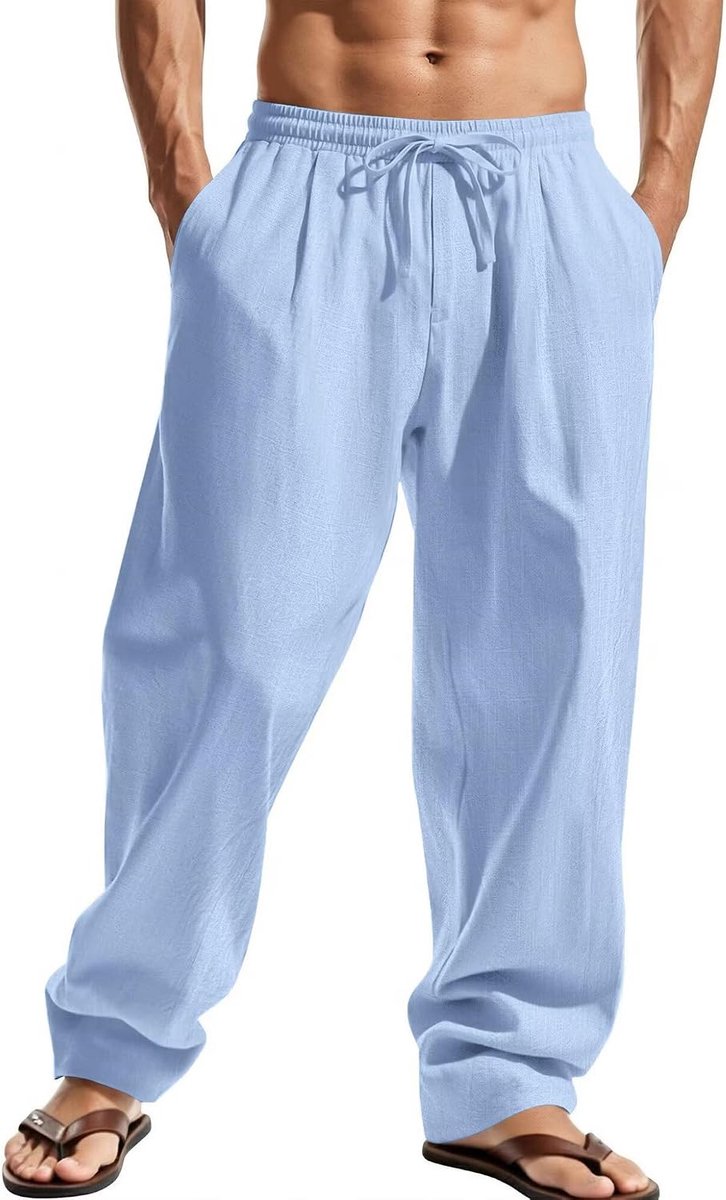 Lange lichte katoenen broek voor heren, casual zomerbroek met elastische tailleband en trekkoord, voor strand, vakantie en dagelijks gebruik
